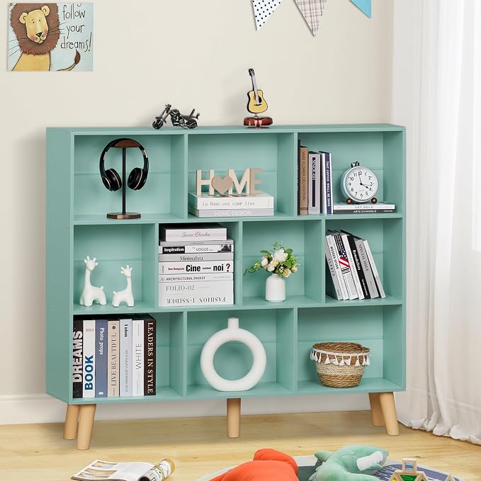 LEYAOYAO 10 Cube Bookshelf, Mid-Century Modern Book Shelf with Legs, Green | 3 Tier Bookcase, Rustic Wood Bookshelves Freestanding Large Storage Organizer, Open Shelves for Bedroom, Living Room, Office