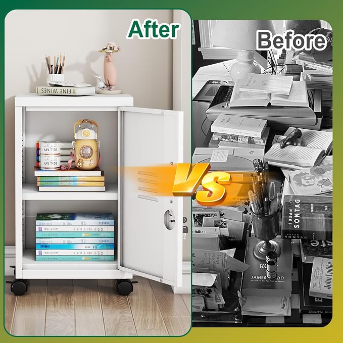 PAOFIN Metal Locker Cabinet,Under Desk Metal Vertical Filing Cabinets with Shelf and Wheels for Home Office Organizer Letters, Employees, White (Required Assembly)
