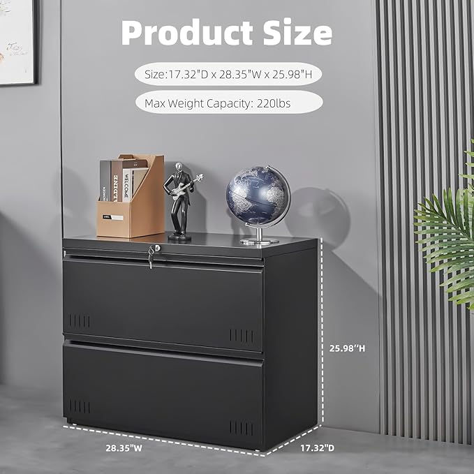 Guizeeopo Metal File Cabinet with Lock, 2 Drawer Lateral File Cabinets for Home Office, Printer Stand, Heavy Duty Office Storage Cabinet for A4/Letter/Legal Size, Assembly Required(Black)