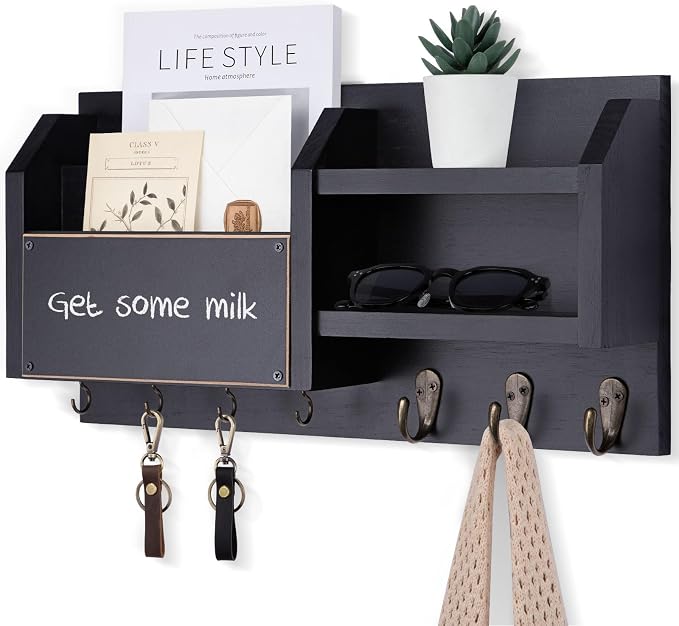 Lwenki Mail and Key Holder – Wall Mount Key Hanger with Shelf and 7 Metal Hooks – Decorative Natural Paulownia Wood Entryway Organizer with Mounting Hardware (16.5”W x 8.7”H x 3.5”D) (Black)