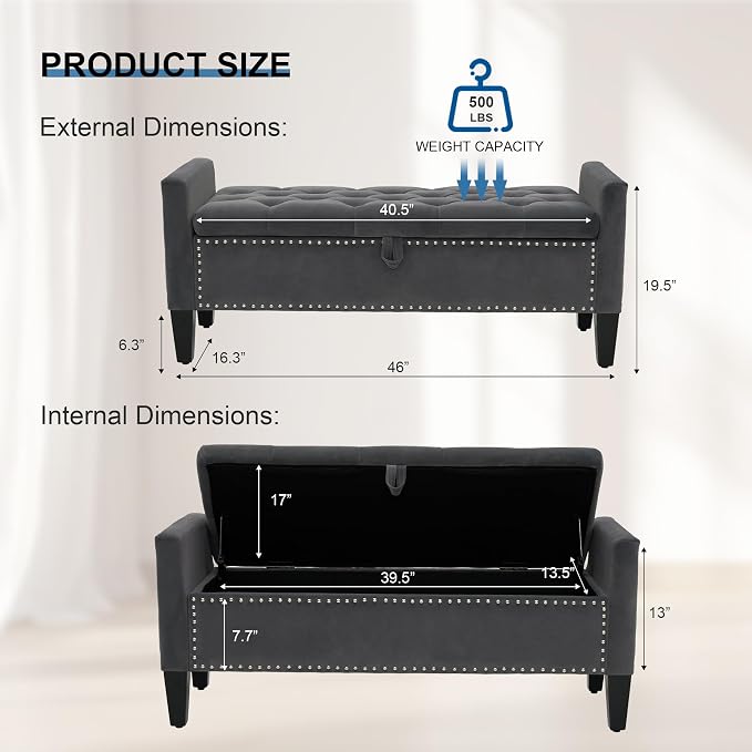 Storage Ottoman Bench, Velvet Upholstered Footstool for Bedroom and Living Room, Frosted Flannel Seat with Storage, Wooden Legs & Metal Rivets, Dark Grey