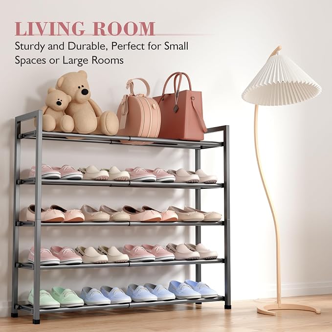 Bumusty 5 Tier Expandable Shoe Rack for Closet, Grey | 18"-33" Adjustable Shoe Rack for Entryway, Small Shoe Organizer for Dorm, Front Door, Sturdy Metal