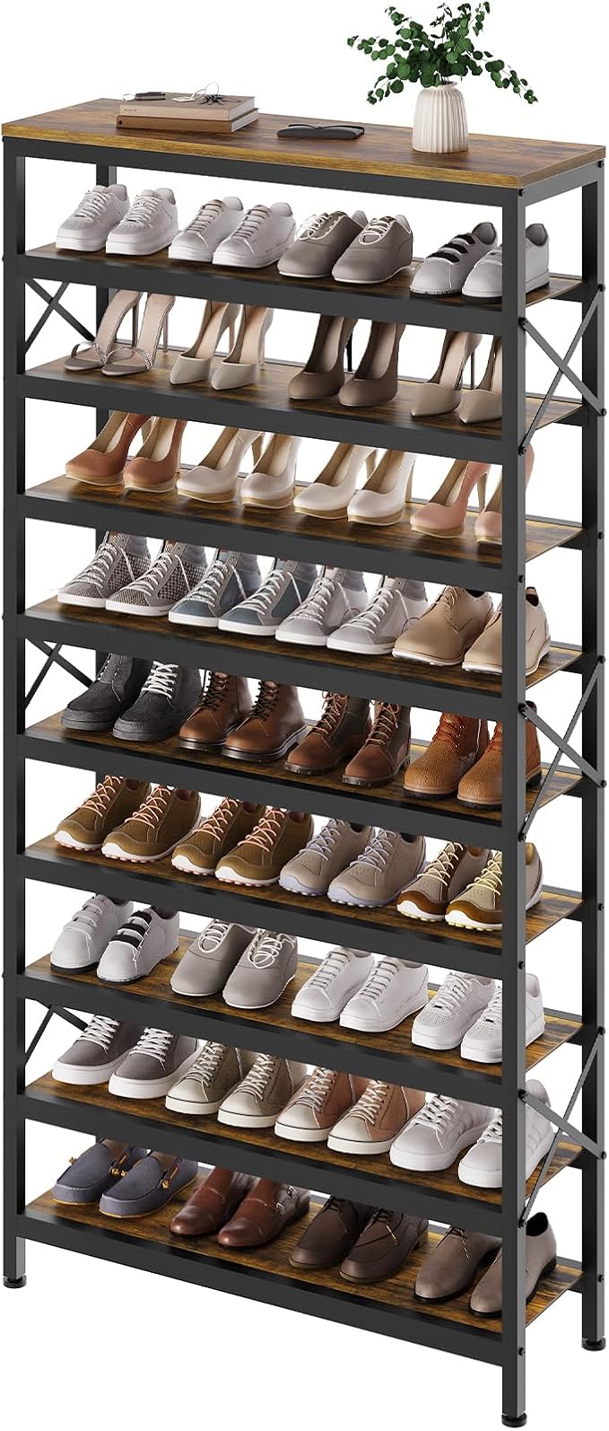 10-Tier Tall Shoe Rack Organizer, Wooden Shoe Storage for Closet Holds 40 Pairs, Sturdy Shoe Shelf with X-Shaped Metal Support, for Entryway, Bedroom, Rustic Brown and Black SS210BR