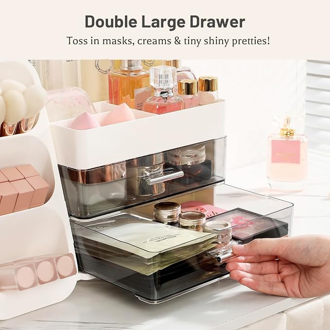 Aveniee Makeup Organizer with Drawers for Vanity, Big Cosmetic Display Case with Makeup Brush Holder, Bathroom Coutertop Organizers and Storage for Skincare Beauty Essentials (White)