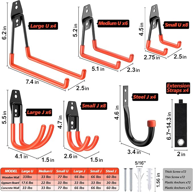 MKRUI 40-Pack Garage Hooks for Storage & Hanging Items, Save Space | Hangs Bikes, Ladders, Ropes, Hoses, Tools; for Garage, Warehouse, Shop, Shed, Yard