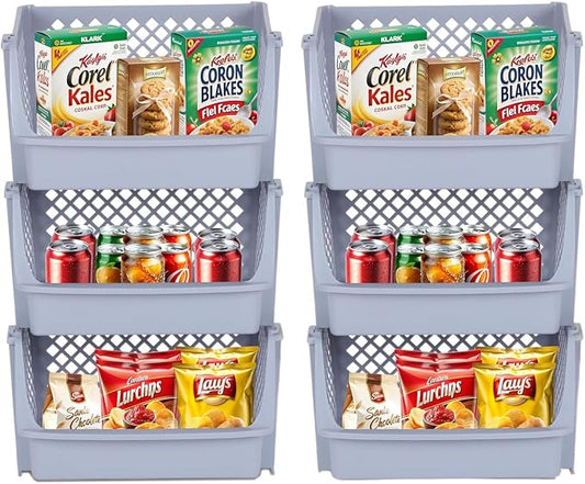 XLarge Stackable Storage Bins Open Front for Pantry, 6 Pack - Light Grey | Sturdy Plastic, Easy Stacking, Open Front Access, Ventilated Sides, Vertical & Space Saving Pantry Organizers and Storage Bin