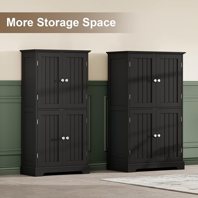 ChooChoo Bathroom Floor Cabinet with Adjustable Shelves | Bathroom Storage Cabinet, 4 Doors, Freestanding Cupboard for Living Room, Kitchen Pantry, Black