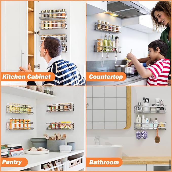 Bunoxea Spice Rack Wall Mounted 4 Pack, Chrome,For Spice Jars & Seasonings | 4 Removalble Hooks,Screw or Adhesive Hanging, Space-Saving,For Kitchen Cabinet, Pantry Door,Stove,RV Use,11.41x2.75x2.75in