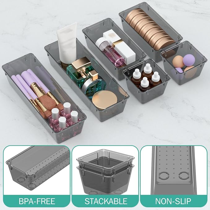 WOWBOX 6 Pack Clear Drawer Organizer Set, Acrylic Drawer Storage Trays, Storage Bins for Makeup, Cosmetics, Jewelries, Utensils, Gadgets, Office, Black