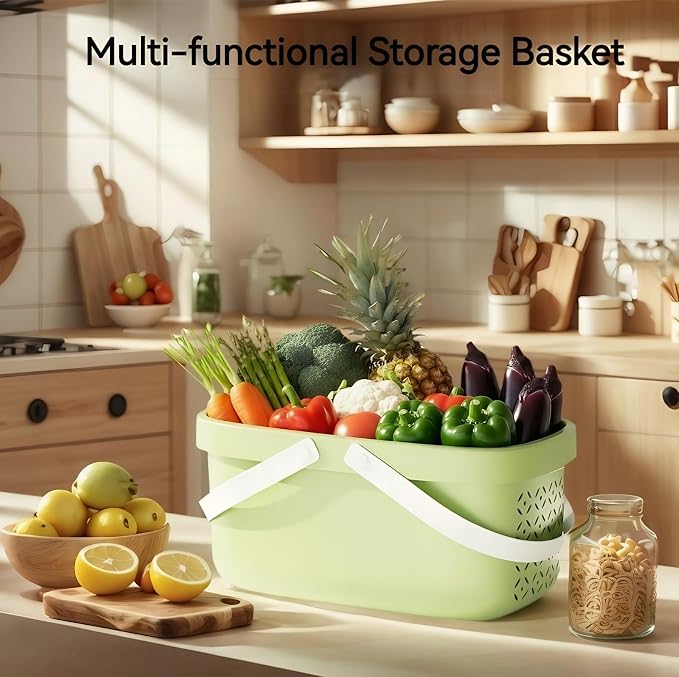 Pulseplay Plastic Organizer Storage Basket with Handles Portable Large Capacity Shower Caddy Basket with Drainage Holes for Bathroom Living Room College Dorm Room (Green)