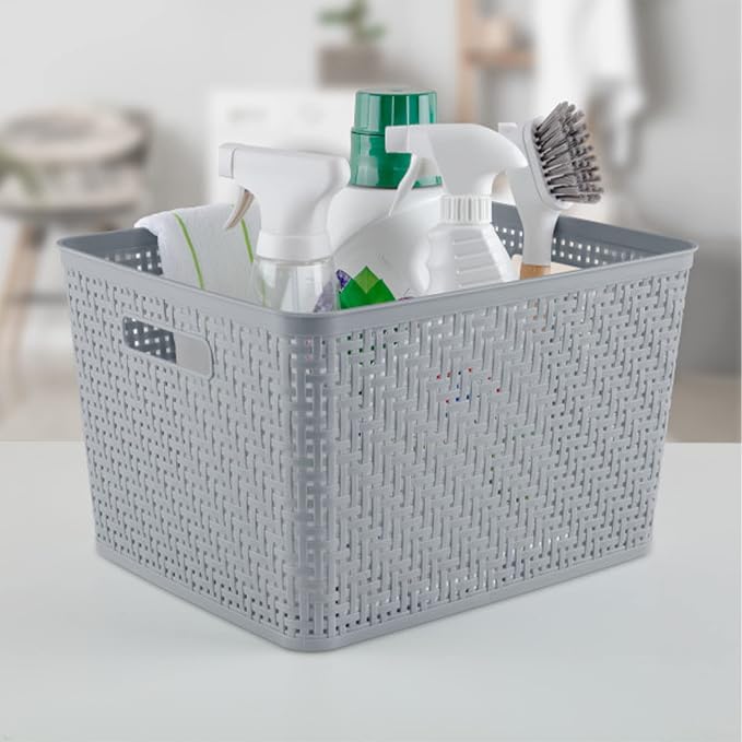 Sterilite 12 Pack Plastic Storage Bin Organization Containers, Tall Baskets, Cement