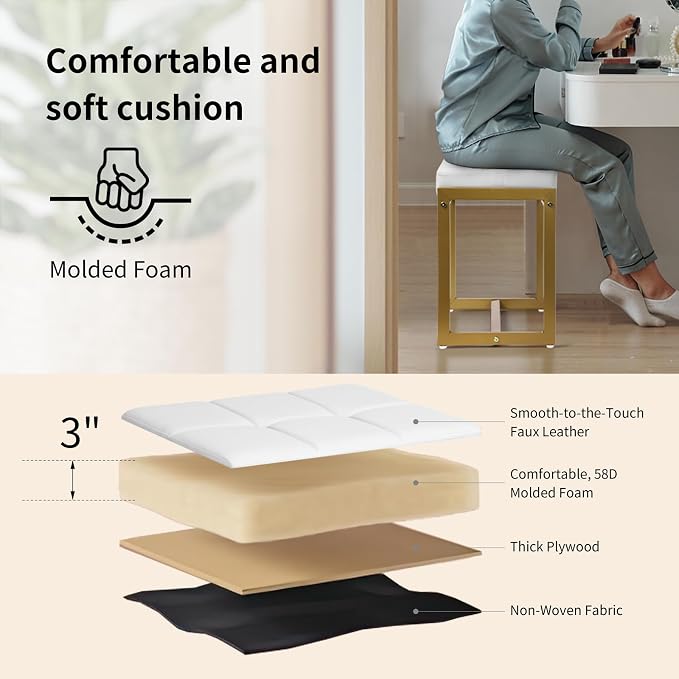 Vanity Stool, Vanity Chair Stools for Makeup Room, Faux Leather Small Makeup Bench, Modern Gold Metal Legs Ottoman Foot Rest for Bedroom Living Room, White & Gold