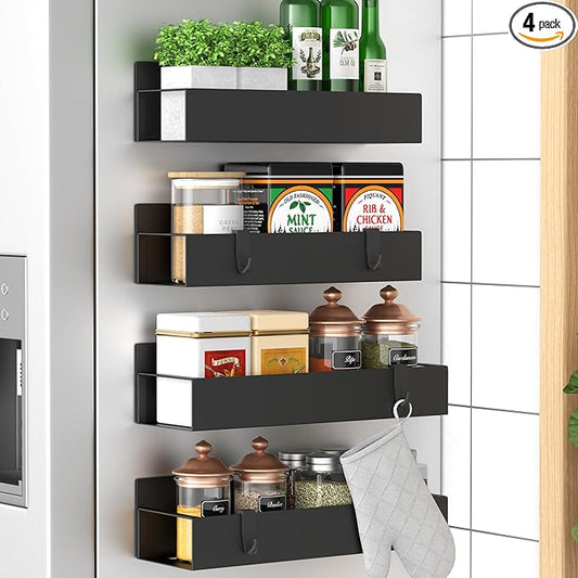 HuggieGems Metal 4 Pack Magnetic Spice Storage Rack Organizer for Refrigerator and Oven, Black Fridge Organizers and Storage, Metal
