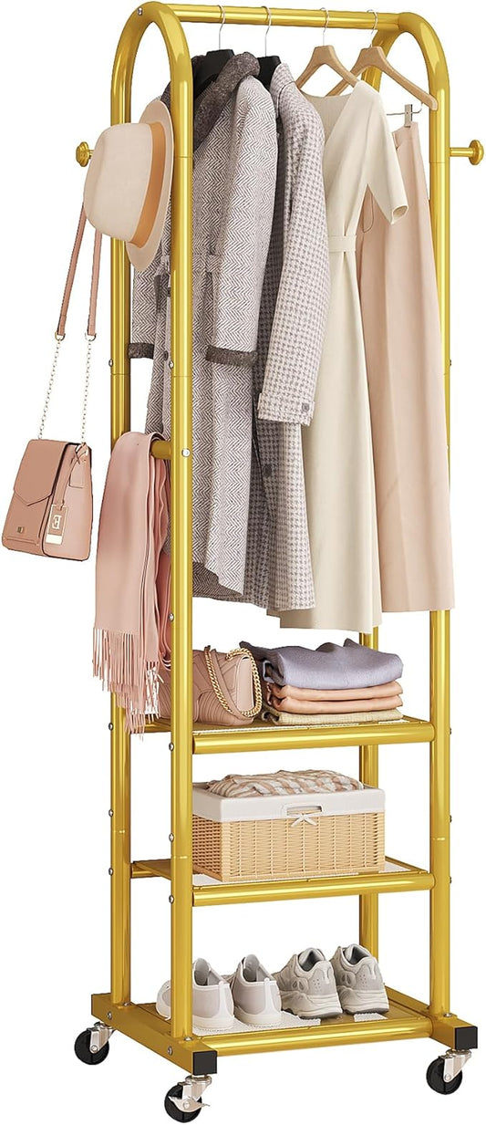 Dttwacoyh Clothing Rack with Wheels,Narrow Metal Garment Rack,Gold | Easy to install, 71.8 Inches Display Rack with 4 Side Hooks & 3 Shelves,for Small Flats, Bedroom, Entryway,Gold Clothes Rack