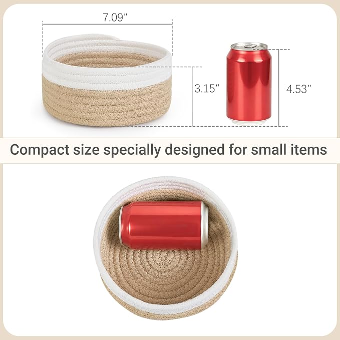 Dahey 4 Pcs Small Woven Storage Gift Baskets, 7.09"W x 3.15"H White & Beige | Soft Odor-Free Cotton Rope, Open-Top, Tiny Round Basket, Multi-Use Organizing, Holds Cosmetics Keys for Bathroom Home Shelves