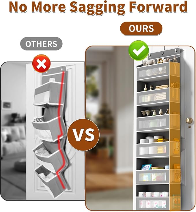 AQOOA 6-Tier Over The Door Organizer 44 lbs Capacity fit Standard Doors | Over the Door Storage 6 Large 12 Side Pockets Behind Door Storage, Closet Door Organizer Hanging Shelf, Grey