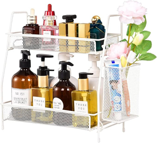 Countertop organizer for bathroom counter, bathroom organizers and storage, spice rack organizer for kitchen counter shelf with small basket(White)
