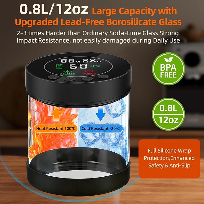 Automatic Vacuum Coffee Canister, 0.8L Coffee Container with LED Display | Smart Pressure Sensor,Window,Scoop Rechargeable Airtight Electric Coffee Bean Storage for Home Kitchen Ground Food Storage