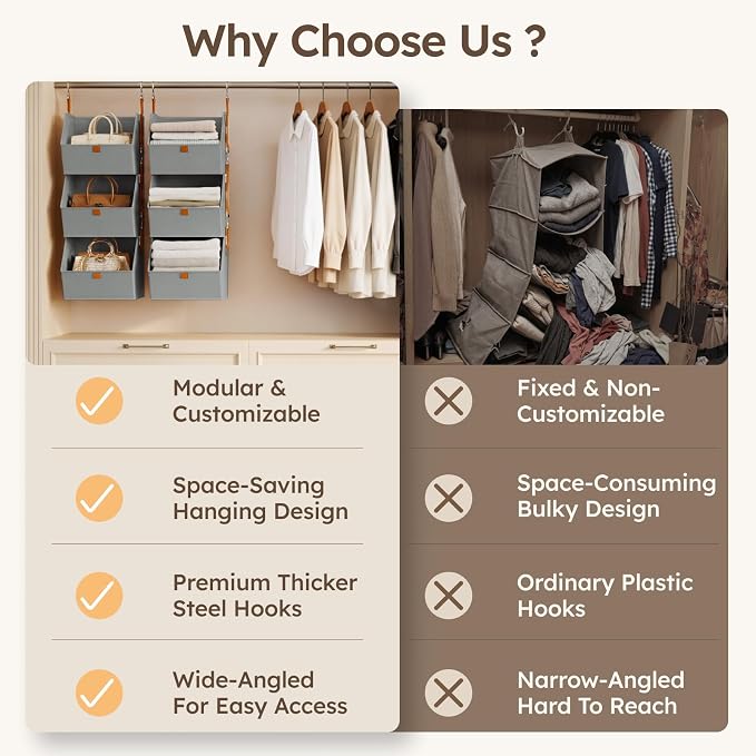 Homsorout Hanging Closet Organizer 4 Tier - Clothes Hanging Shelves, Space-Saving Closet System, Fabric Storage Bins Bedroom Organization, Collapsible Baskets for Home, Dorm, Rv, Grey