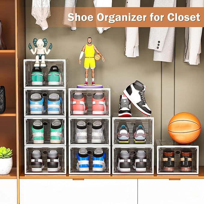 10 Pack Thicken Shoe Organizer Stackable | Upgraded Sturdy Shoe Storage Box with Magnetic Door,Shoe Containers For Sneaker Display,Hat Organizer,White