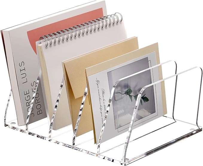 SANRUI Clear Acrylic Mail Sorter Desk Bill Organizer Holder, 5 Compartments | Small File Script Letter Document Storage for Desktop Filling Envelope Holder Office, Home, School Organization