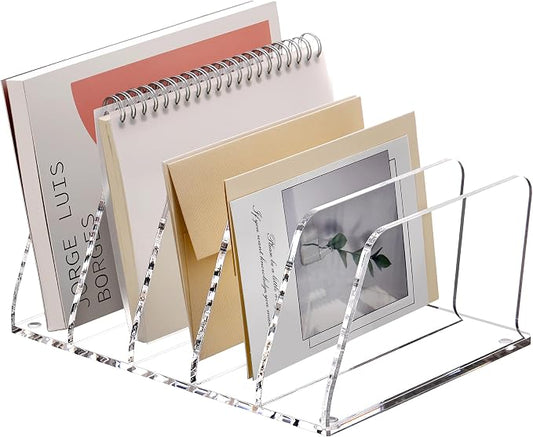 SANRUI Clear Acrylic Mail Sorter Desk Bill Organizer Holder, 5 Compartments | Small File Script Letter Document Storage for Desktop Filling Envelope Holder Office, Home, School Organization