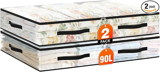 2 Pack Under Bed Storage Bags, 90L Foldable Clear Containers with Handles | Dual Zipper Storage Bins for Comforters, Bedding, Blankets, Closet Organizer for Clothes, Linen Sheets, Sweaters