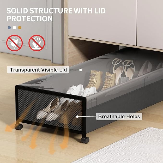 Under Bed Storage Containers with Wheels Large Underbed Shoes Blankets Clothes Toy Storage Drawers for College Dorms Bedrooms Nursery Rooms Organization (Black 1 Pack, 7.5in height(36"x16.6"x7.48"))