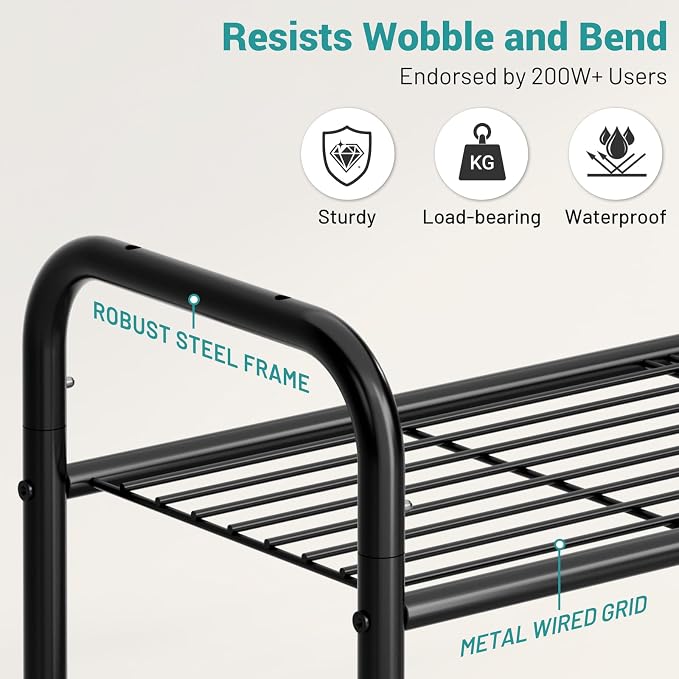 AOODA Long 2 Tier Shoe Rack for Closet Metal Wide Stackable Shoe Storage Organizer for Entryway, Bedroom, Floor, 18-Pairs Low Shoe Shelf, Black