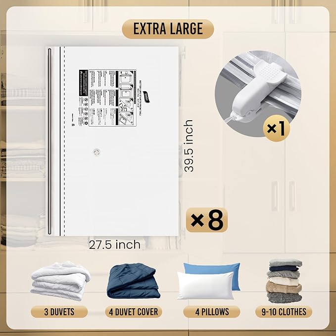 TAILI 8 Pack Vacuum Storage Bags, Jumbo LONG SIDE ZIP(39x28 inch), Clear | Vacuum Seal Bags for Clothing, Space Saver for Beddings, Comforters, Blankets, Pillows