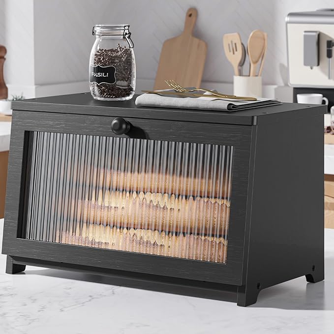 Kitsure Wooden Bread Box for Kitchen Countertop, 1-Tier, Black | Large Capacity Kitchen Countertop Organizer, Stylish Bread Storage with Window, Multi-functional Container