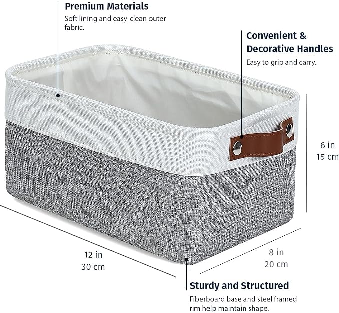 OrganiHaus 12x8in Canvas Storage Baskets, 6 Pack - Fabric Bins for Shelves | Vegan leather handles; a decorative pantry and office organizer, container for desk and books