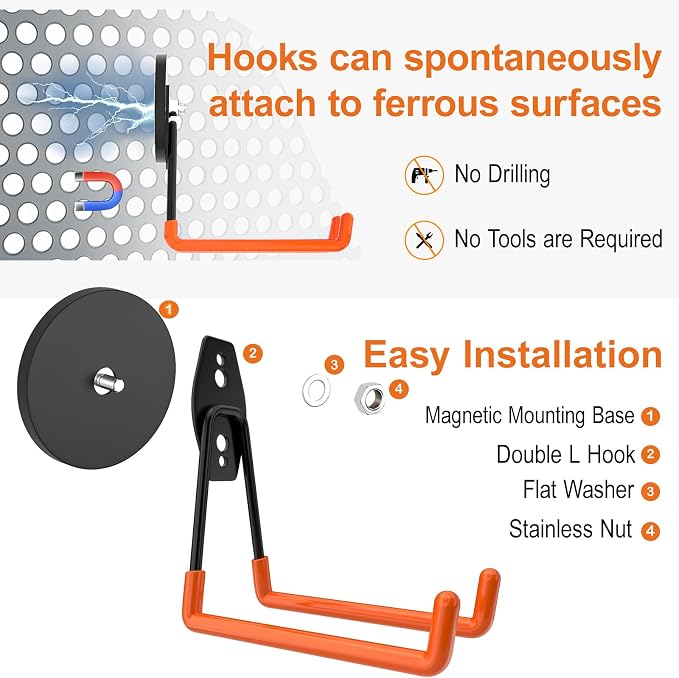 ENUODA Strong Magnetic Hooks Heavy Duty Neodymium Magnet Tool Holder Large Magnet Garage Hooks for Hanging Broom, Mop, Shovel, Drill, Toolbox, Locker, Container, Tool Chest, 2PCS