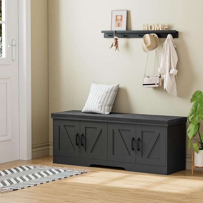HOMSHO Farmhouse Shoe Storage Bench with 4 Barn Doors & Padded Seat Cushion | 47.2" Wide Entryway Bench with Adjustable Shelves & Hidden Storage, Black