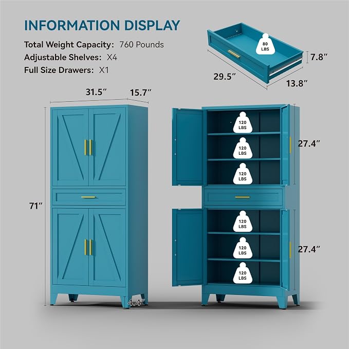 71" Tall Farmhouse Pantry Cabinet,Metal Cabinet with Adjustable Shelves and Doors,Storage Cabinet for Kitchen Garage,Blue 1 Pack