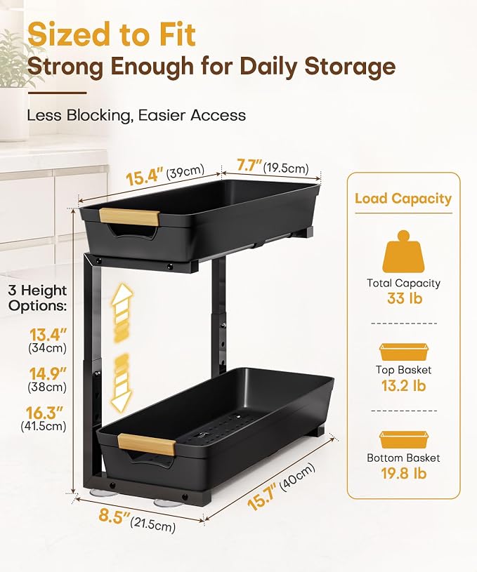 Homde Sliding Under Sink Organizer: 2-Pack Pull-Out Rack for Kitchen | 4 Easy-Access Baskets for Cluttered Cabinets - Busy Families Find Everything Instantly - Full-Extension Glide Design