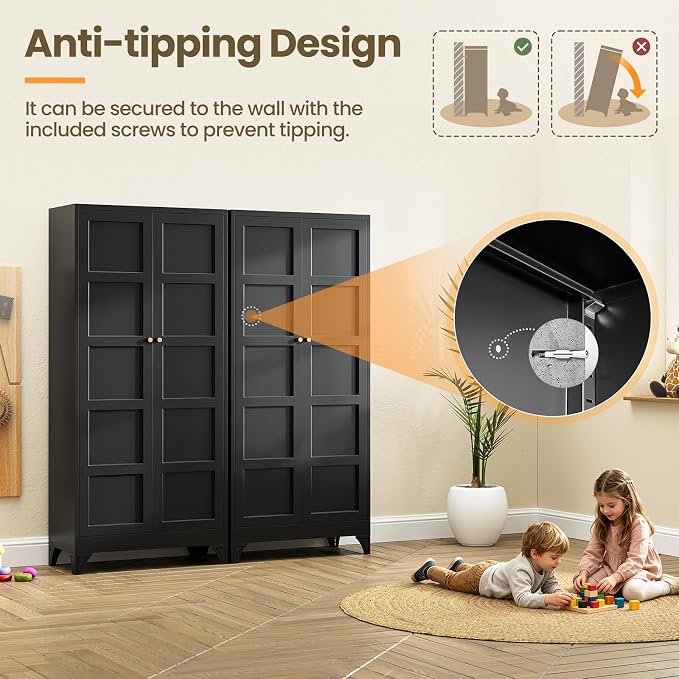 Yizosh Metal Pantry Cabinet,- 72" Black Kitchen Pantry Storage Cabinet with Doos and Adjustable Shelves for Kitchen, Living Room,Dining Room,Home