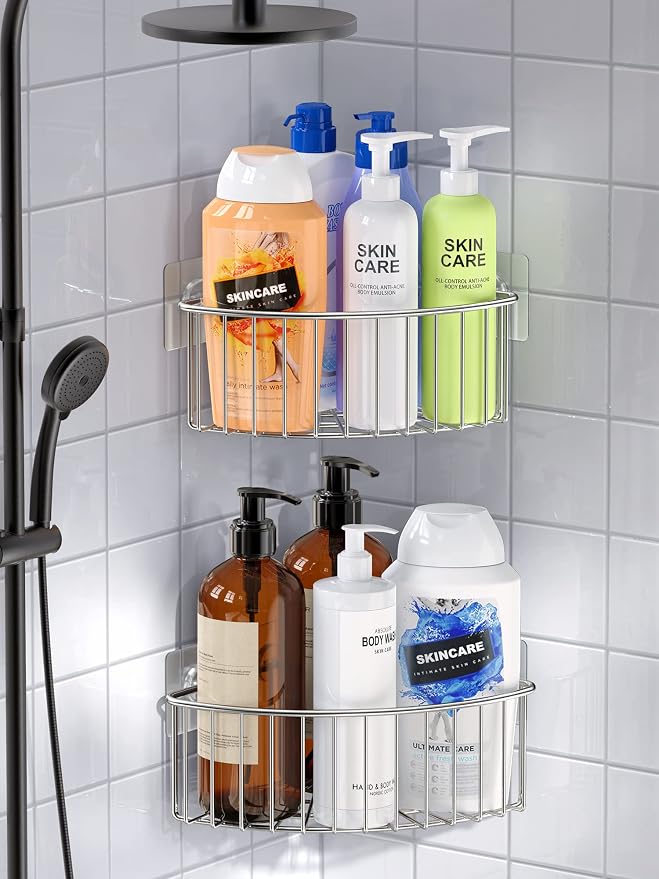 SMARTAKE 2-Pack Corner Shower Caddy Deep Basket, SUS304 Stainless Steel | Wall Mounted Bathroom Shelf with Adhesive, Storage Organizer for Toilet, Dorm and Kitchen , Silver