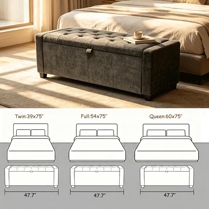 47" White Ottoman Bench, Comfort Bed End Storage Bench for Living Room | Versatile design works as a coffee table or footstool; easy assembly, sturdy structure, and comfortable padded cushion.