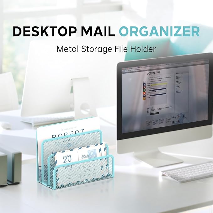 Mail Organizer Countertop for Desk, Mail File Holder with 3-Slot, Blue | Metal Mesh Mail Sorter for Letters, Envelopes, Bills, and Files for Home Offices, Classroom Organization