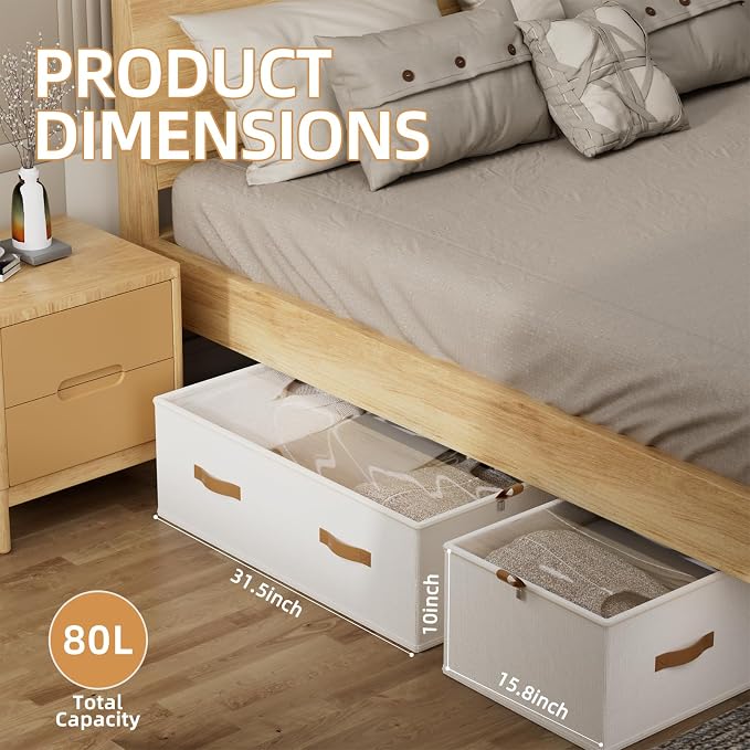 10inch 3 Pack Under Bed Storage Containers, 10 Inch Tall Underbed Clothes Storage Organizer Bin with Clear Window，Foldable Box Basket for Clothes, Closet, Bed Sheets and Blankets White