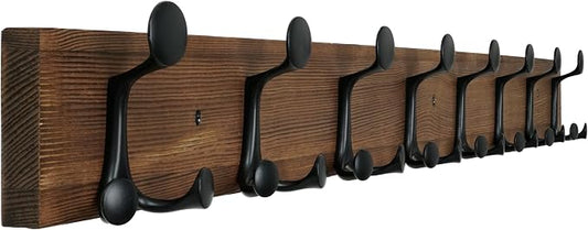 WEBI Coat Rack Wall Mount,43" Solid Wood Coat Hooks Wall Mounted Coat Hanger,16" Hole to Hole,Heavy Duty Hook Rack,8 Triple Hooks for Hanging Coats,Jacket,Hat,Backpack,Farmhouse,Brown