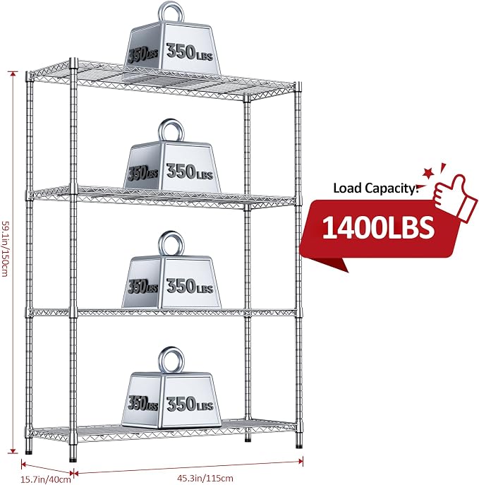 IZEUK 4-Tier Adjustable Heavy Duty Metal Wire Shelving Unit, Wide Storage Rack Organizer for Garage, Kitchen, Office, Dorm, Warehouse (Silver, 15.8" D x 45.8" W x 59.4" H, 1400 lbs Capacity)