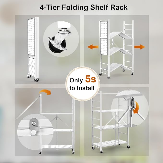 Himix Storage Shelves with 20 Hooks, 4-Tier Foldable Shelves for Storage, Folding Shelf Unit Pantry Shelves with Wheels, Metal Shelving Storage Rack Shelf for Kitchen Garage Home, White - No Assembly | Metal collapsible organization, Folding shelves ra...
