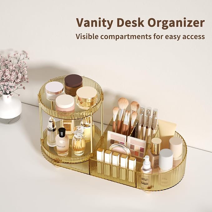 Rotating Makeup Organizer for Vanity, 2 Perfume Trays with 5 Compartments Cosmetic & Skincare Storage, Space Saving Beauty Organizers, Multi-Purpose Countertop Organizers for Bathroom, Desktop, Pantry