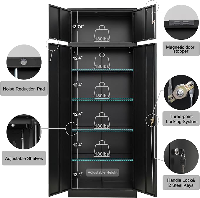 CJF Metal Storage Cabinet, 87 inch Tall Large Locking Cabinet with Top Cabinet, Garage Storage Cabinet with 4 Adjustable Shelves for Home Office, Garage and Utility Room-Black