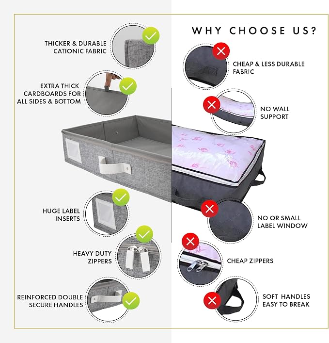 2pc Under Bed Storage Containers, Bedroom Under the Bed Drawer Storage Organizer with Bins and Lids, Large Underbed Clothes Storage Box Ideal for Blanket, Fabric, & Shoes (LightGray)