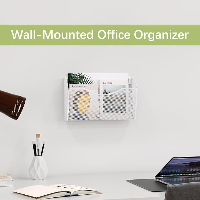 EasyPAG Wall File Organizer, Metal Mesh Hanging File Folder Holder for Letter/A4 Size Folders, Vertical Wall Mount Mail Sorter for Office Paperwork, Classroom, White