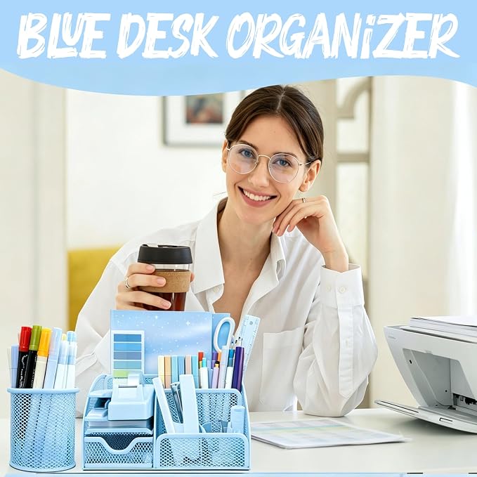 Blue Office Supplies, 17Pcs Blue Desk Accessories Set Include Stapler, Mesh Desk Organizer, Tape Dispenser, Staple Remover, Pen Holder, Clips, Pens, Ruler, for Office Home School Women Students Gift