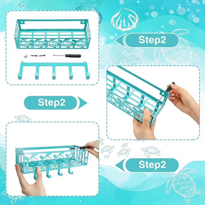 Hicarer Turquoise Sea Turtle Key Holder Wall Mount with Basket Hooks Decorative Sea Turtle Hooks Hanger Coastal Key and Mail Organizer Ocean Beach Decor for Entryway Home Apartment Dormitory